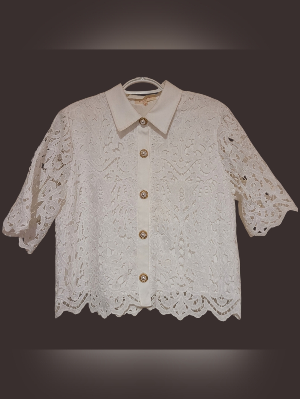 Solitaire White Lace Top Scallop Edges Size Large Gold Decorative Buttons Lined